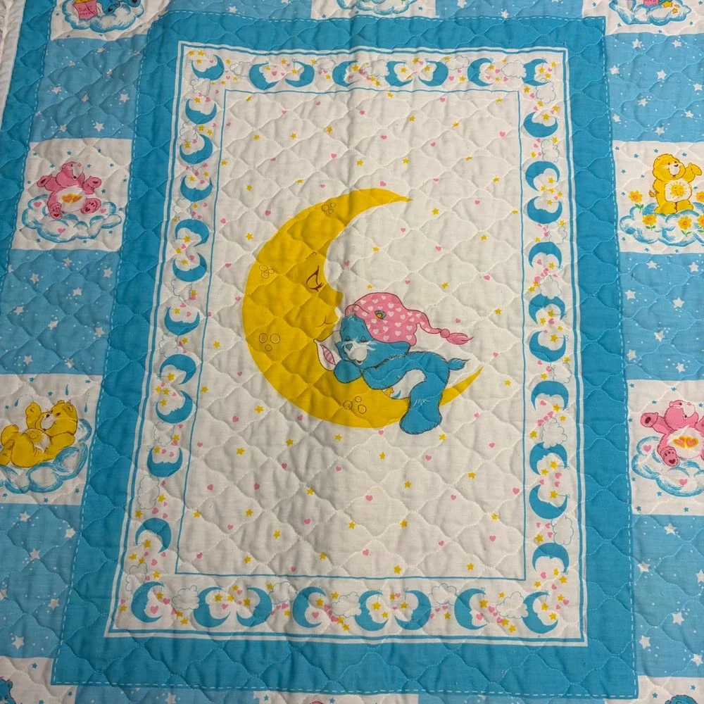 Vintage Care Bears Baby Blanket Quilted Bedtime Bear Moon Blue Ruffle 1980s